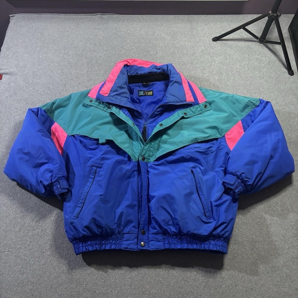 Vintage Sub Zero Ski Jacket 80s 90s Colorblock Puffer Blue Pink Teal Neon XL
